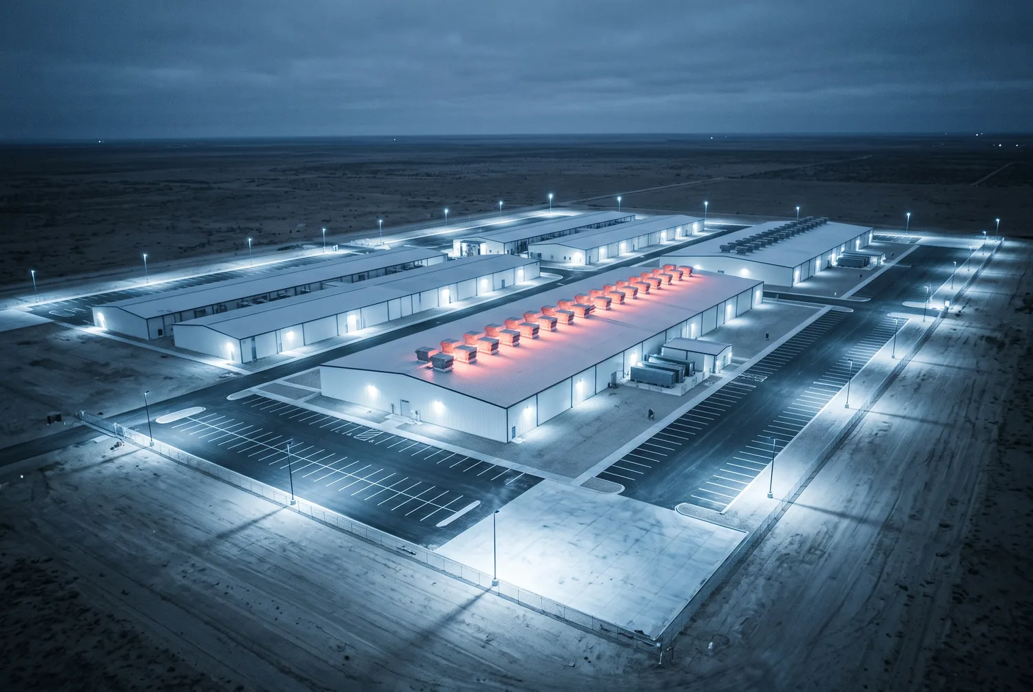 A data center campus at night